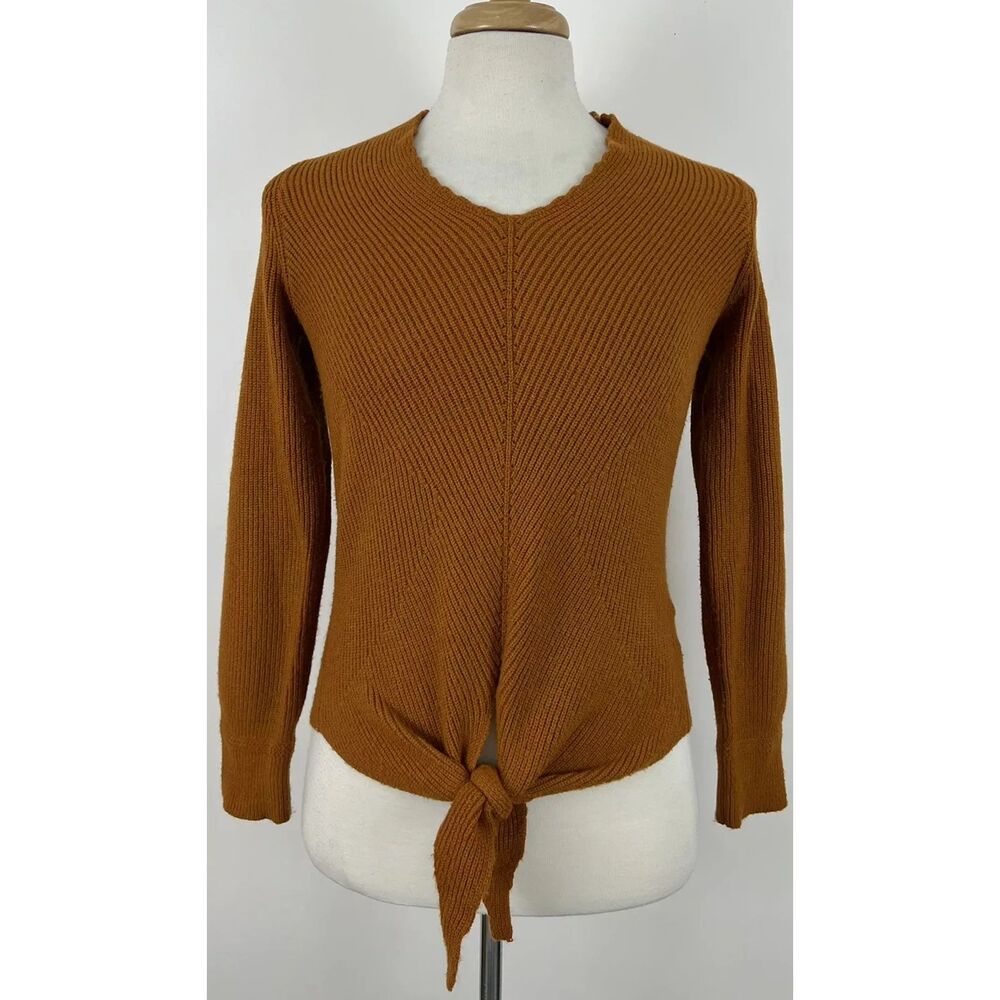 Anthropologie Moth Freeport Tie Front Sweater XS Rust Orange Ribbed V-Neck Knit
